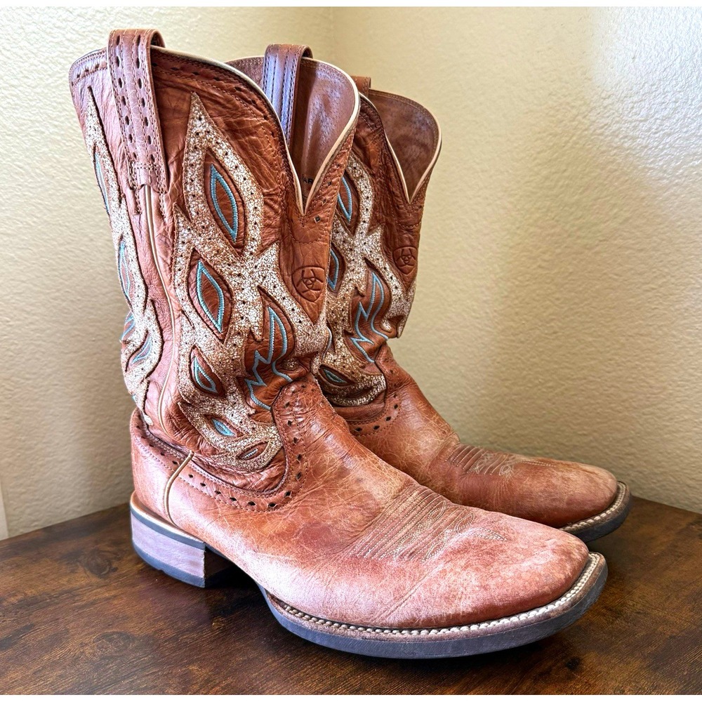 Ariat Women's Size 10.5D Brown Leather Turquoise Inlay Square Toe Western Boots